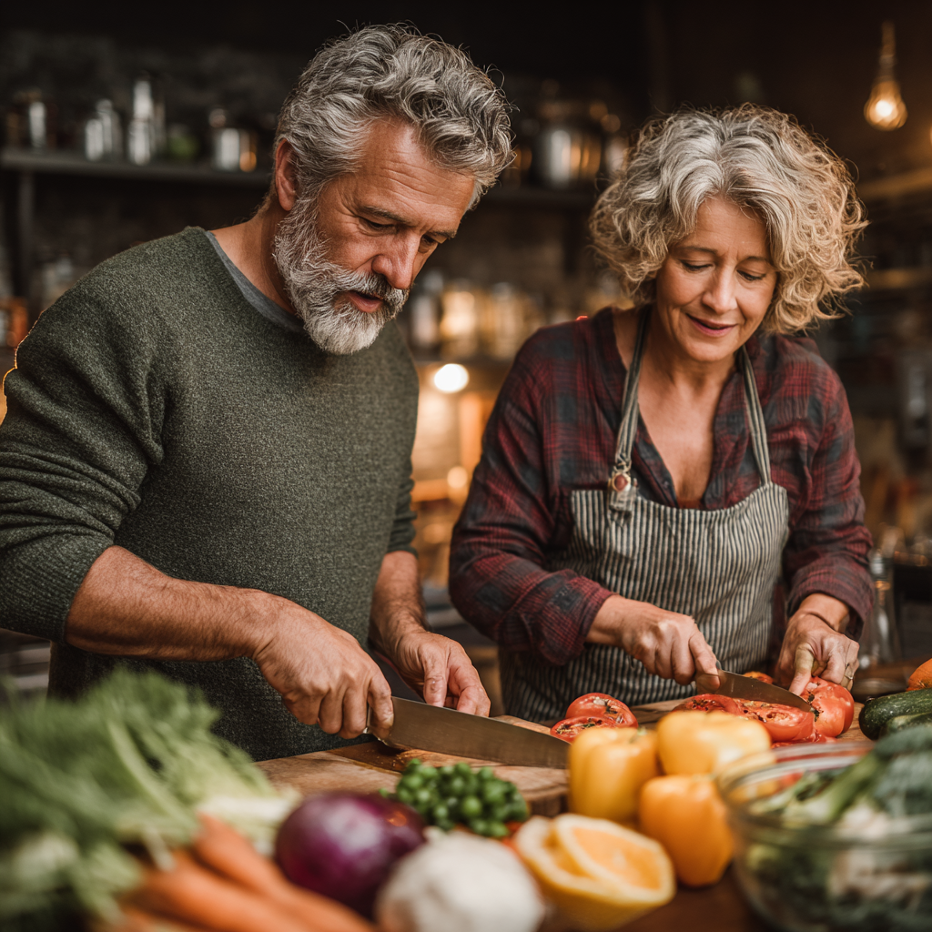 Mature man and woman in their 50s preparing nutritious meal together in modern kitchen, showcasing healthy lifestyle and meal planning for middle-aged adults