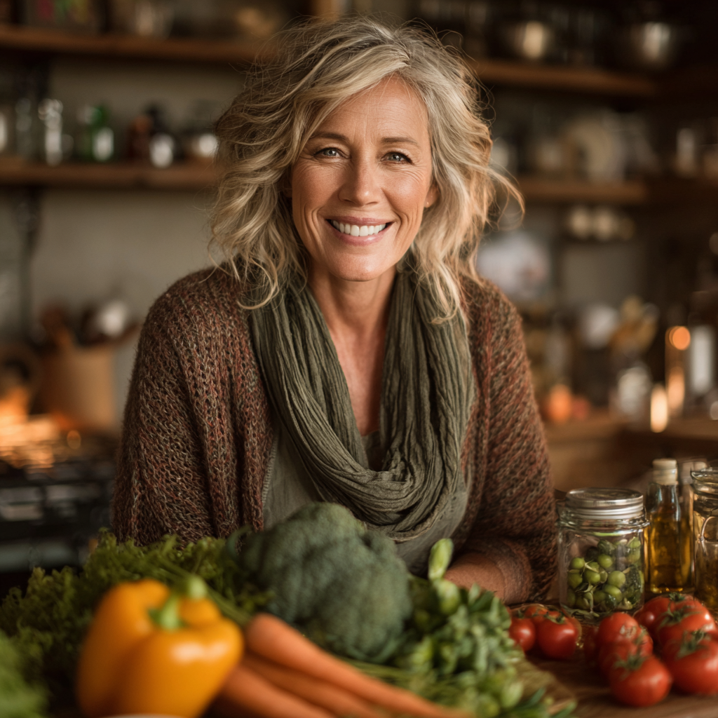Smiling middle-aged woman in her kitchen preparing fresh vegetables and healthy meals, representing the target demographic of 40-55 year olds embracing nutritious lifestyle choices